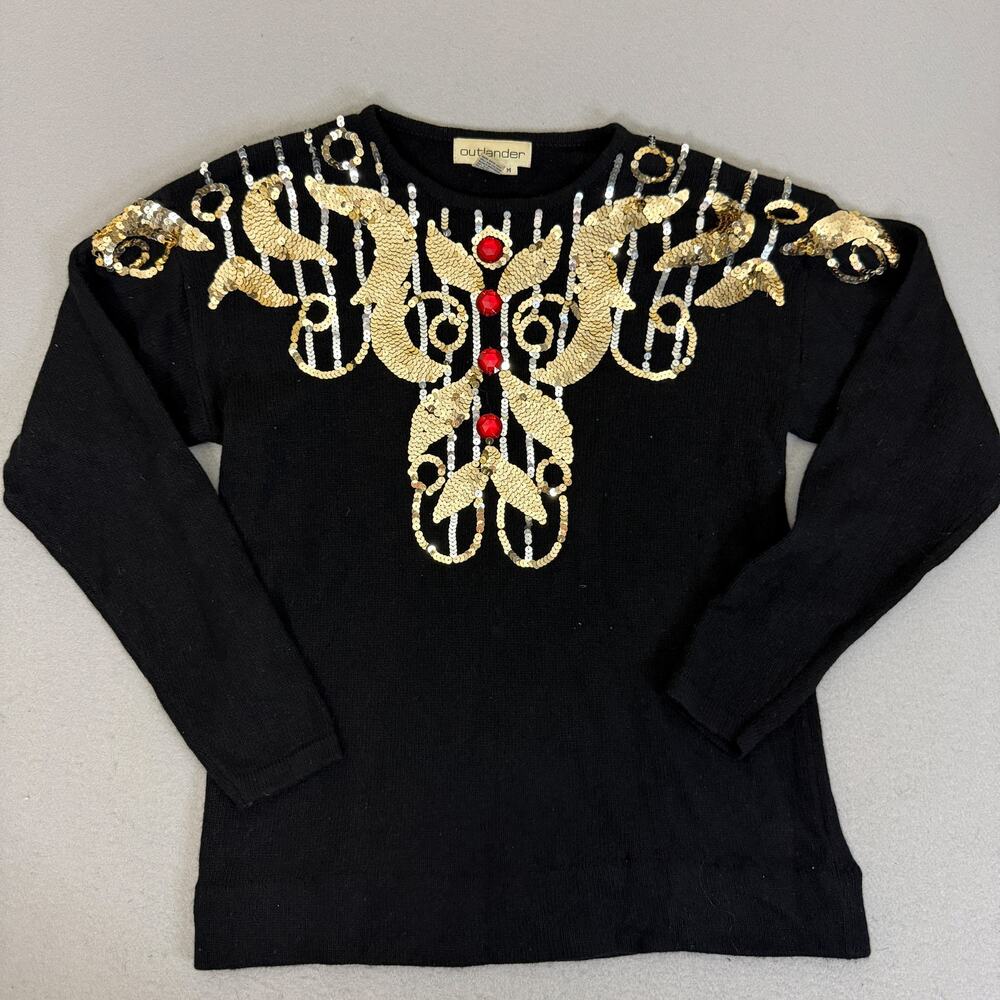 Outlander Angora Lambswool Sweater M Black Sequin Embellished Knit Top